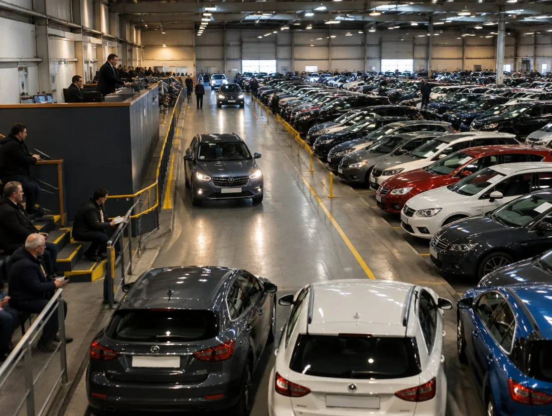 Inside a UK car auction hall with rows of used cars
