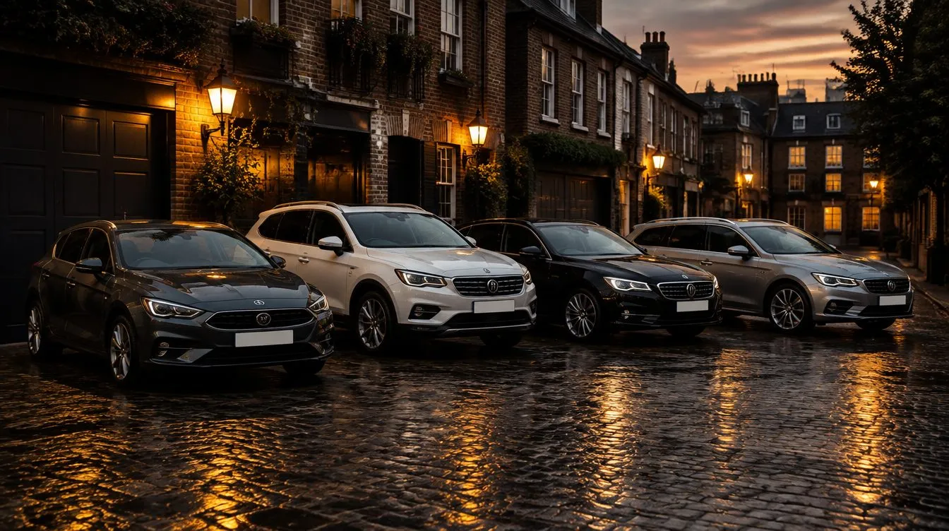 A row of used cars parked on a cobbled London mews street at dusk